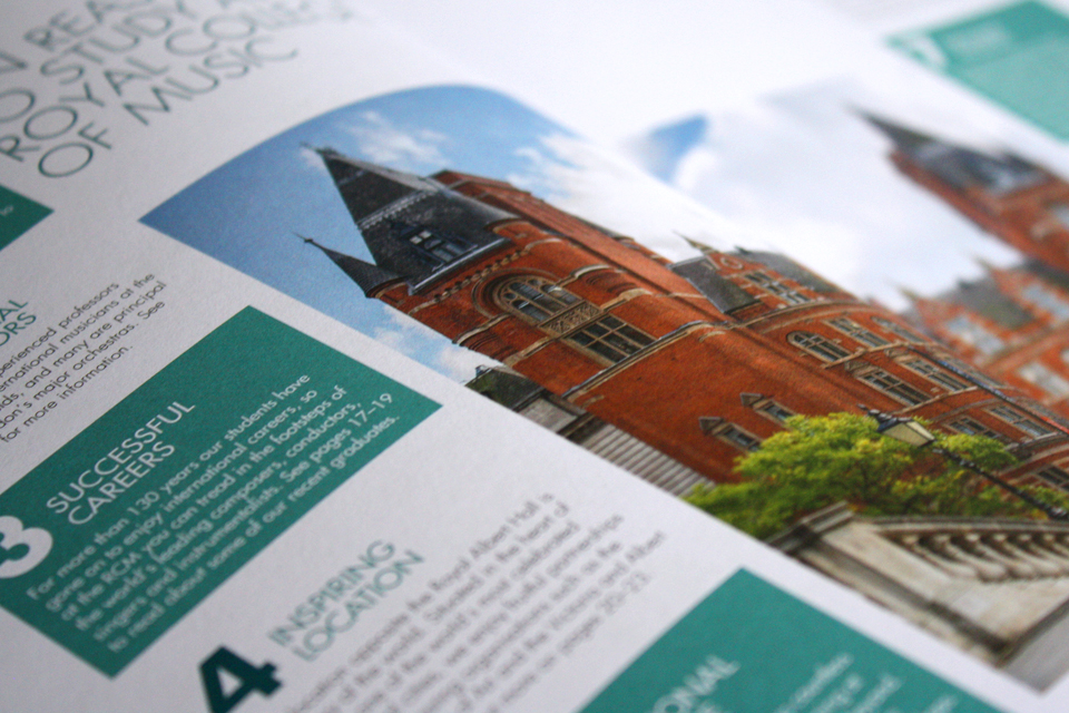 A page in focus, from the printed prospectus, featuring the front of the RCM College.